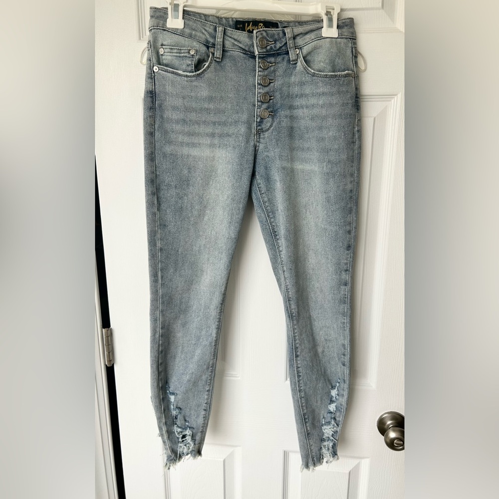 Indigo Rain Button Fly High Rise Distressed Cropped Jeans Sz 5